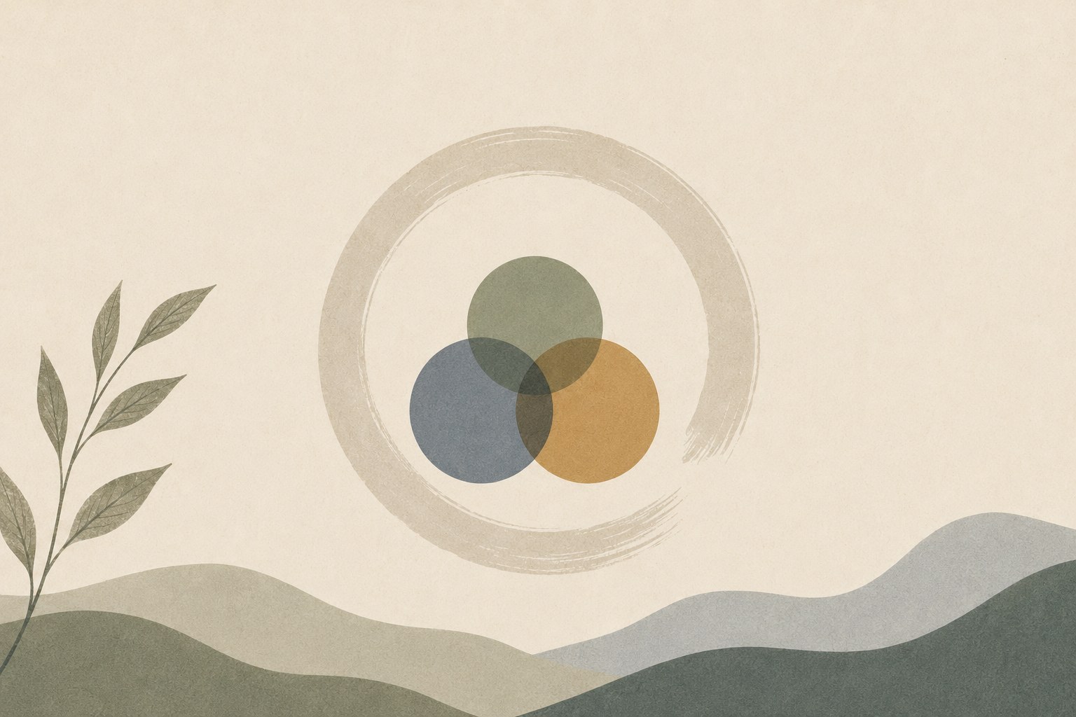 An enso brush circle containing the three pillar colors of joy, fulfillment, and purpose over a minimalist landscape of hills and a leafy branch