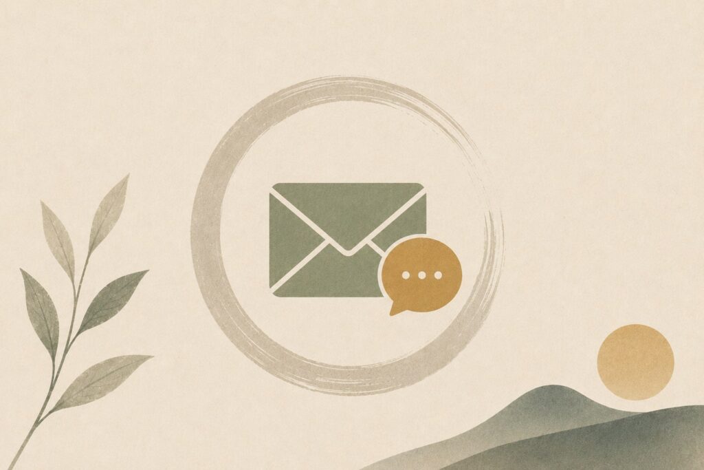 An envelope and chat bubble inside an enso brush circle with botanical accents, representing contacting PJFP