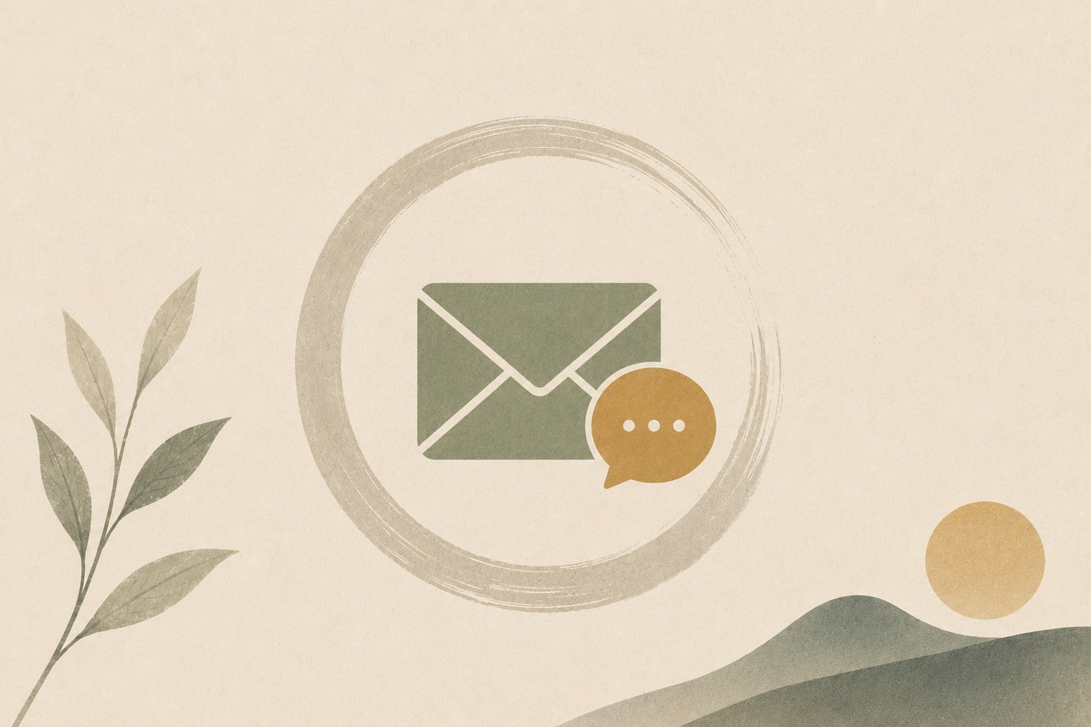 An envelope and chat bubble inside an enso brush circle with botanical accents, representing contacting PJFP