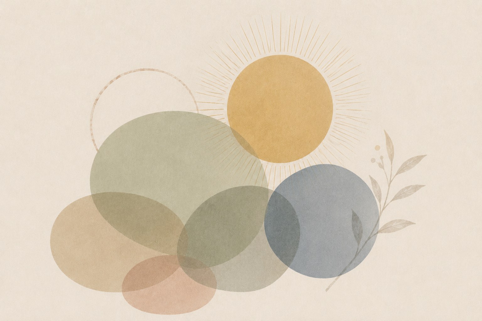 Rising sun with rays over translucent overlapping circles and a leafy branch, representing the cultivation of joy in daily life