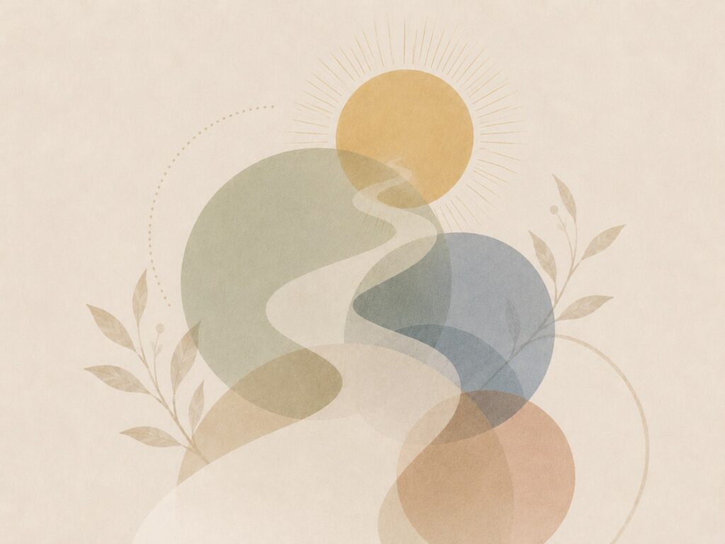 A winding path leading under a rising sun and overlapping circles flanked by botanical leaves, representing the journey to discover personal purpose