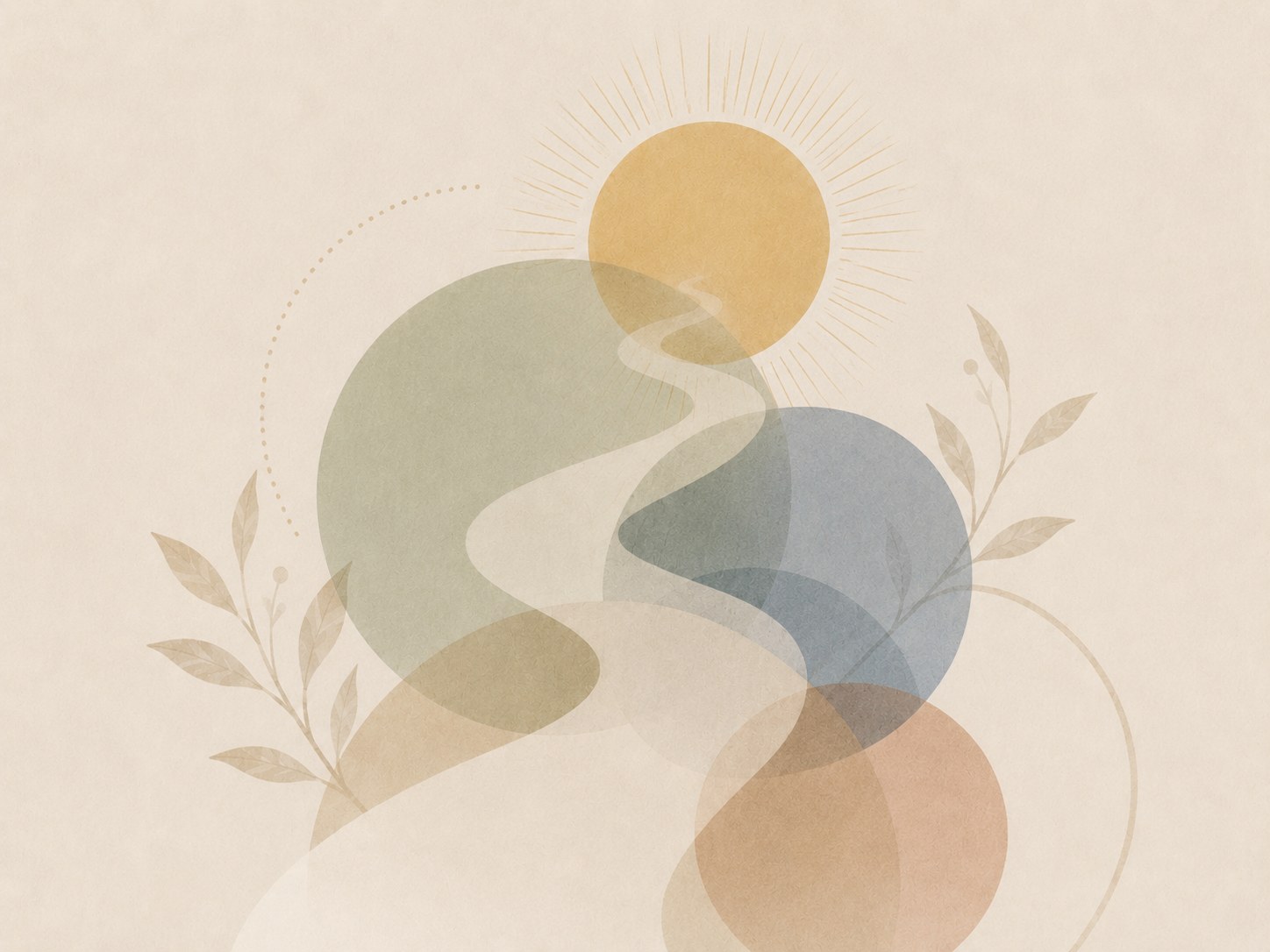 A winding path leading under a rising sun and overlapping circles flanked by botanical leaves, representing the journey to discover personal purpose