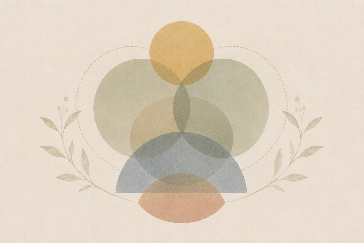 Layered translucent circles framed by laurel leaves under a small sun, representing a balanced and fulfilling life