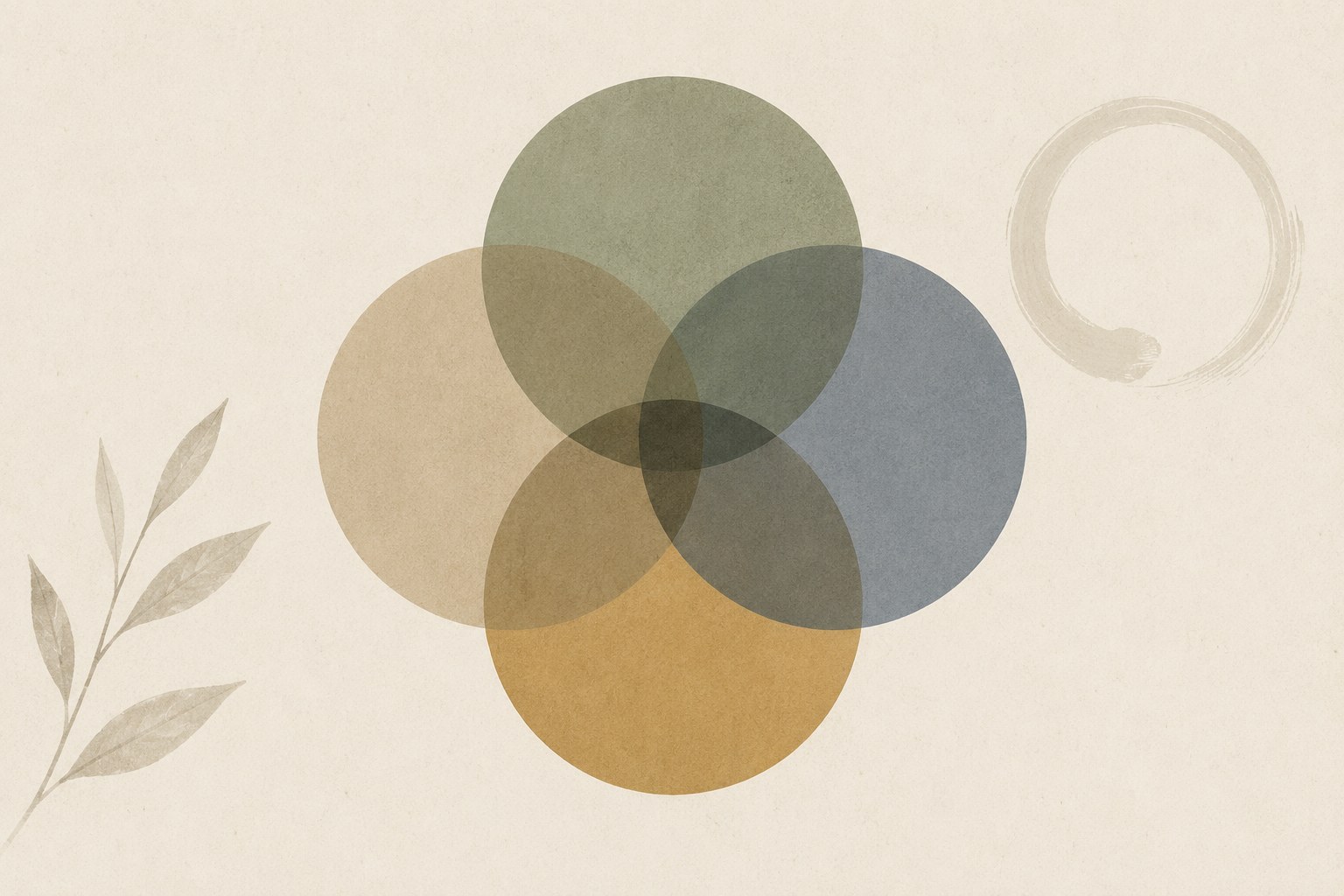 Four overlapping muted circles forming an ikigai diagram representing the pursuit of joy, fulfillment, and purpose, with botanical leaves and an enso brush circle
