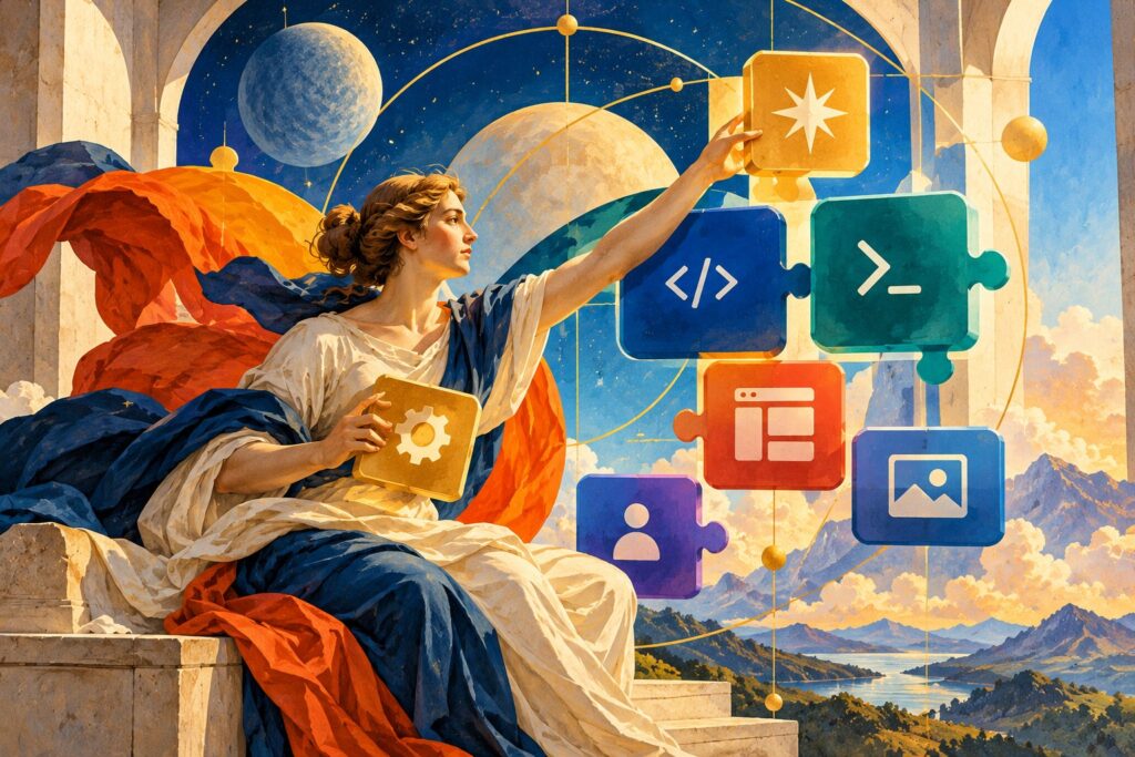 Classical fresco style painting of a woman fitting colorful puzzle pieces with code, terminal, layout and settings icons together, illustrating Claude Code mods